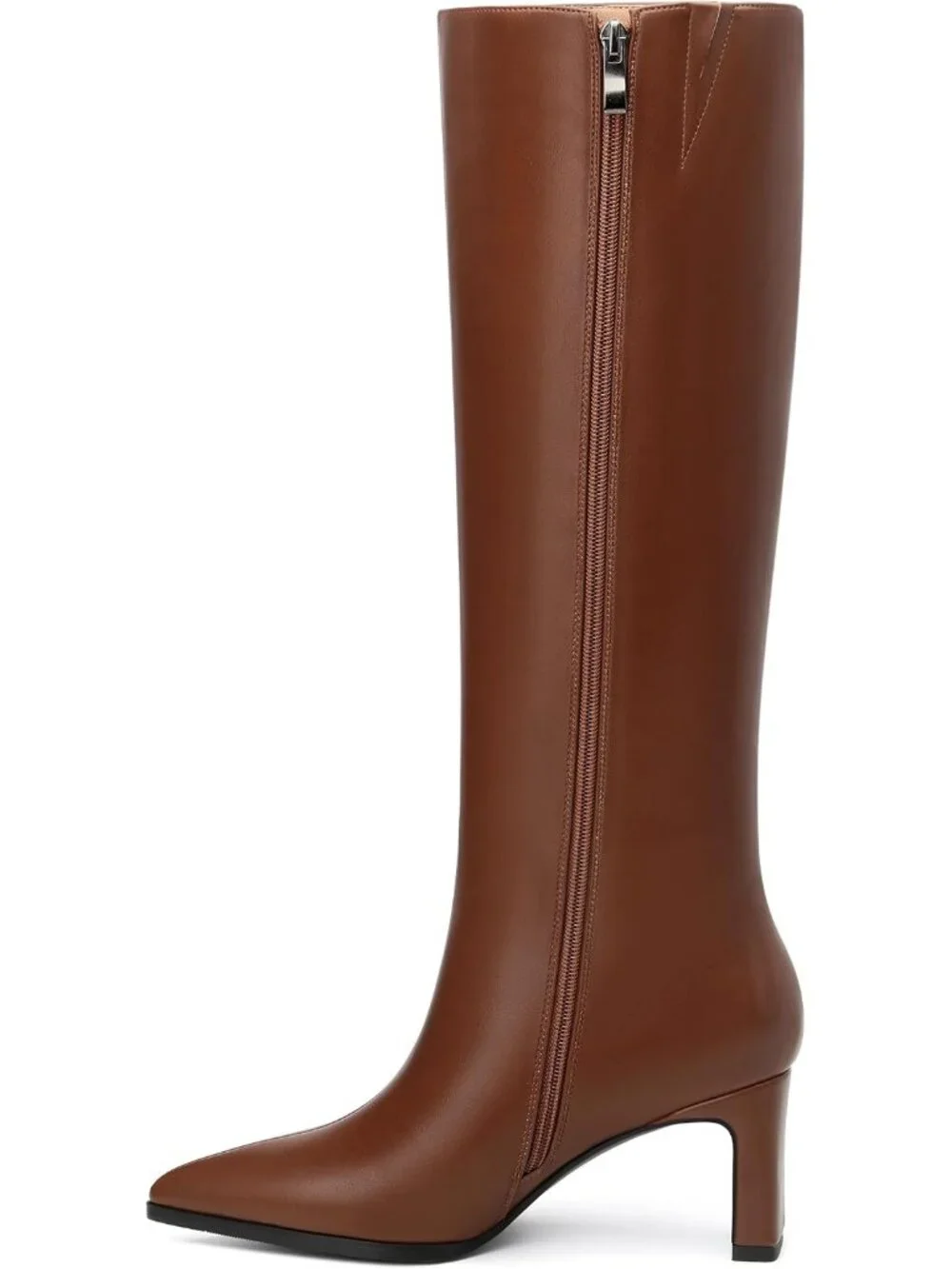 Women's Brown Pointed Toe Side Zipper Chunky Block High Heel Knee High Boots